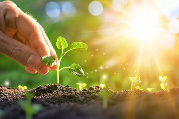 Hands holding a plant. Ecology.