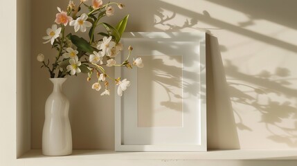 A white frame rests on a white shelf with spring flowers in a vase, brightening the room against a beige wall