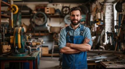 Confident young man mechanic in a blue overalls standing proudly in an industrial workshop, with arms crossed, - obrazy, fototapety, plakaty
