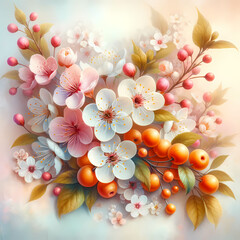 Picture refreshing spring blossoms, delicate and full of life, accompanied by vibrant orange berries, set against a soft pastel backdrop