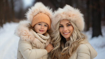 Adorable mum and daughter in winter woodland for a walk