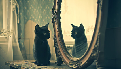 A mirror reflects the image of a black cat - a symbol often associated with superstition and varying luck depending on the culture - wide format - obrazy, fototapety, plakaty
