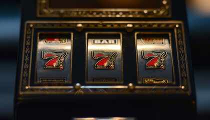 A slot machine screen displays three matching symbols - indicating a win and the luck involved in gambling - wide format - obrazy, fototapety, plakaty
