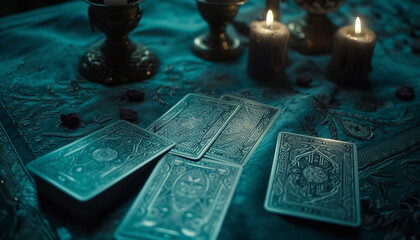 An arrangement of Tarot cards spread out on a dark velvet table - each card suggesting different aspects of fate or luck - wide format - obrazy, fototapety, plakaty