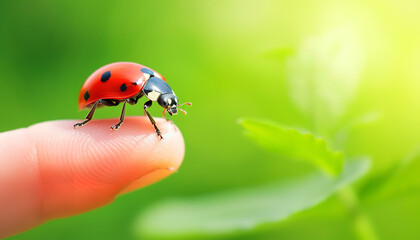 Fototapeta premium A bright red ladybug lands gently on a person's finger - often considered a sign of good luck and good fortune - wide format