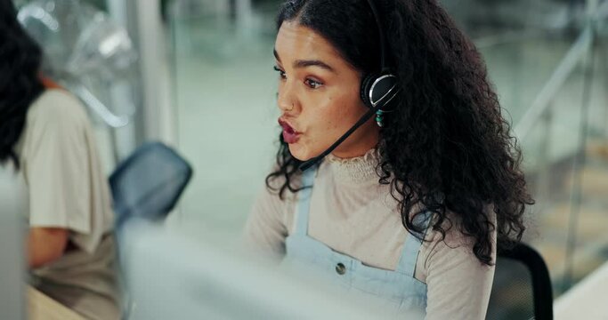 Call centre, explain or woman in headset talking for communication, support or customer service. Serious, virtual help and sales agent speaking for telemarketing, consultation or online assistance