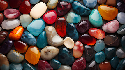 Close-up of colorful polished pebbles, close-up of stone - obrazy, fototapety, plakaty