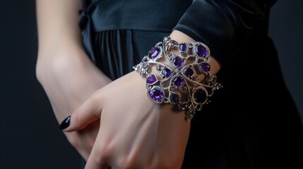 Silver jewelry graces a woman hand with an amethyst gemstone bracelet