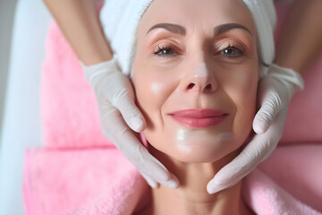 Elderly woman getting facial treatment in spa. Mature age female with cosmetic nourishing moisturizing mask. Senior lady with towel on head happily relaxing in beauty salon. Facial skin care concept.