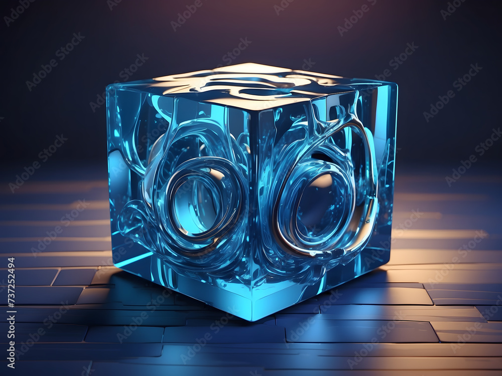Poster abstract 3d render with a geometric pattern of a blue cube design.
