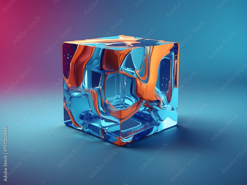 Poster abstract 3d render with a geometric pattern of a blue cube design.