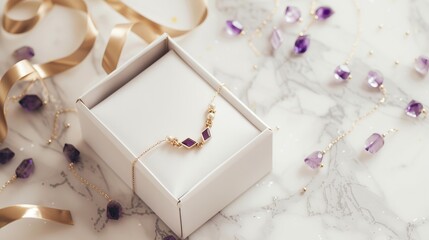 gift box with gold jewelry bracelet adorned with amethyst gemstones on table, free copy space