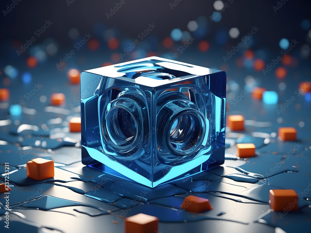 Poster abstract 3d render with a geometric pattern of a blue cube design.