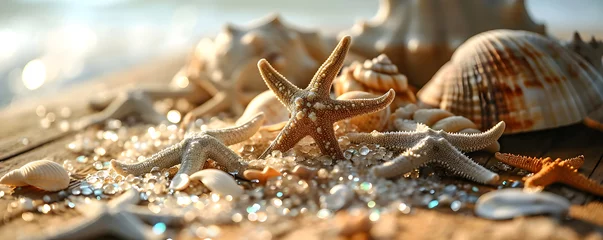 Fotobehang Seashells, starfish, shells on the sandy ocean shore. Summer travel, kids holidays on the sea side, sea coast. Close up of nature of tropical beach. Concept of vacation for banner, ads with copy space © Irina
