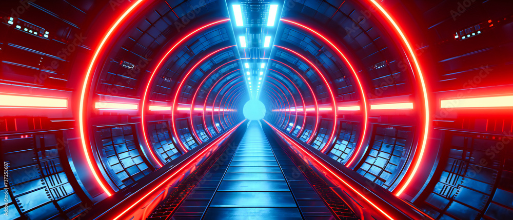 Poster neon odyssey: traversing a futuristic tunnel aglow with neon, symbolizing a journey through time and
