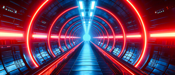 Neon Odyssey: Traversing a Futuristic Tunnel Aglow with Neon, Symbolizing a Journey Through Time and Space