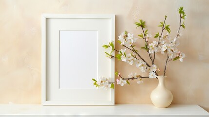 Brightening the room, a white shelf displays a white frame with spring flowers in a vase against a beige wall