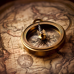 Antique compass on a weathered map. 