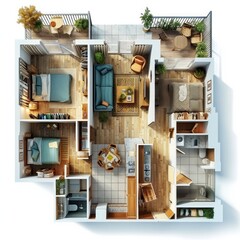 Detailed illustration of a furnished lived-in single family home floor plan from above isolated on a white background, Generative AI