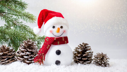 Snowman with christmas tree. Pine tree and pine cone with xmas decoration
