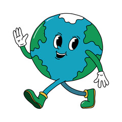 Cute retro cartoon element, mascot of planet Earth. Environment day, earth day sticker, print, card, banners, sign, etc. EPS 10
