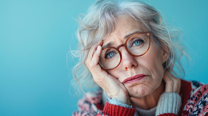 Retrato de una mujer mayor con cara de aburrimiento, escepticismo, duda o incredulidad sobre un fondo azul liso - obrazy, fototapety, plakaty