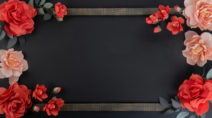 Wooden frame formed with camelia flowers and free copy space in center, black color of backdrop, greeting card template mockup