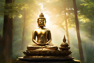 Front face meditating golden Buddha statue in the nature background. - obrazy, fototapety, plakaty