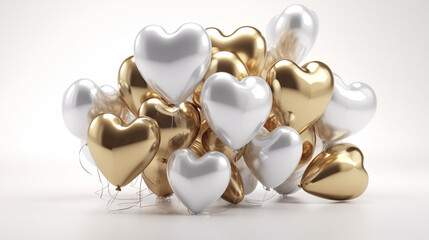 Helium gold and white balloons in the shape of a heart on white background