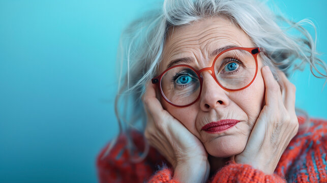 Retrato de una mujer mayor con cara de aburrimiento, escepticismo, duda o incredulidad sobre un fondo azul liso