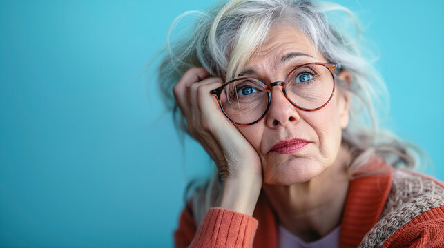 Retrato de una mujer mayor con cara de aburrimiento, escepticismo, duda o incredulidad sobre un fondo azul liso