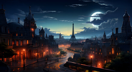 The buildings of a serene city are illuminated by the last light of the night and the scenery sparkles all around