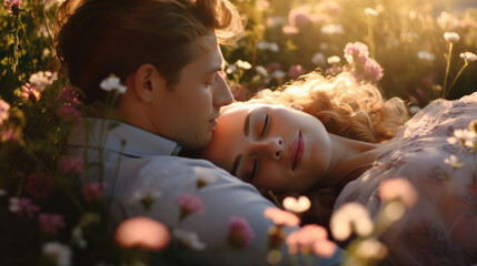 Beautiful young couple in love lying on the blooming meadow