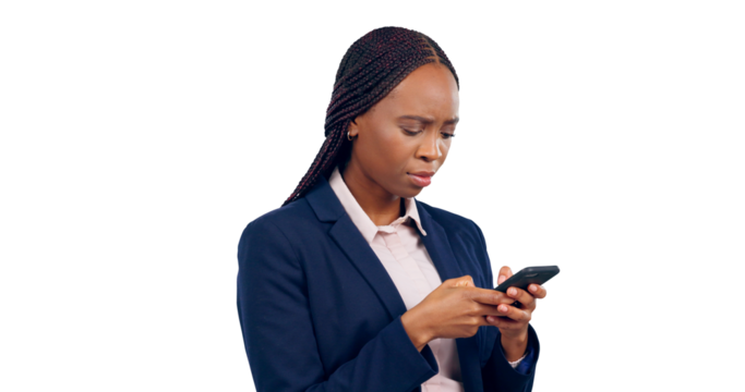 Phone, business and black woman with conversation, texting and connection. African person, model and employee with smartphone, communication and talking isolated on a transparent, png background