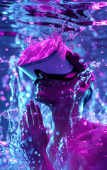 Man wearing VR virtual reality glasses, experience under water, neon lights, surreal futuristic fantasy.