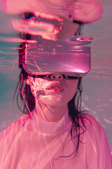 Woman wearing virtual reality headset and has experience underwater in pink light. Futuristic surreal image.