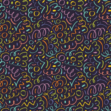 Multi colored charcoal pencil scribbles and squiggles seamless pattern. Doodle curved lines and dots.