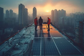 Fotobehang Technicians Maintaining Solar Panels on Skyscraper. Maintenance crew in safety harnesses working on large solar panel installation atop a city skyscraper, with urban backdrop. © EduLife Photos
