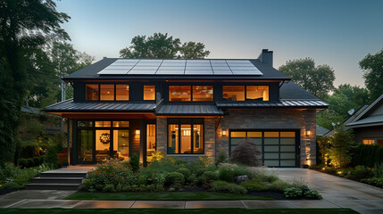 Obraz premium Suburban Homes with Rooftop Solar Panels. Aerial view of residential neighborhood showcasing houses equipped with solar panels, symbolizing sustainable living.