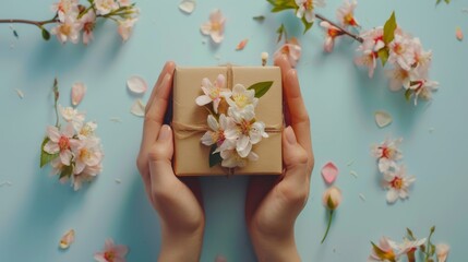 Hands carefully holding a gift wrapped in craft paper adorned with spring blossoms. Springtime gift-giving concept with handmade packaging and floral decoration.