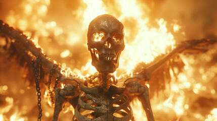 Skeleton with wrapped chains burning flame background - obrazy, fototapety, plakaty