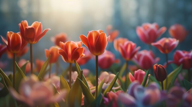 Warm sunlight bathing red and orange tulips in a vibrant spring garden. Morning glow on a fresh field of tulips, symbolizing the start of spring.