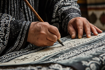 a Muslim calligrapher at work - carefully crafting beautiful compositions of Quranic verses using traditional Arabic calligraphy. 
