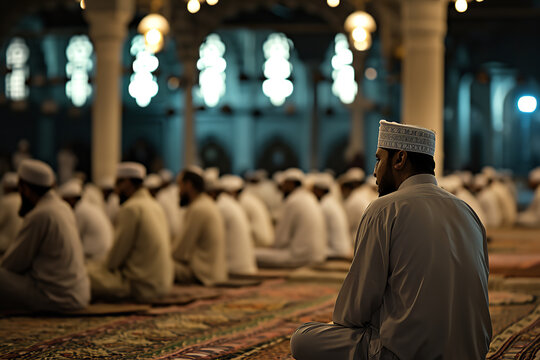 the moment of Islamic call to prayer (Adhan) being recited from a mosque. The surrounding community is responding and preparing for prayer