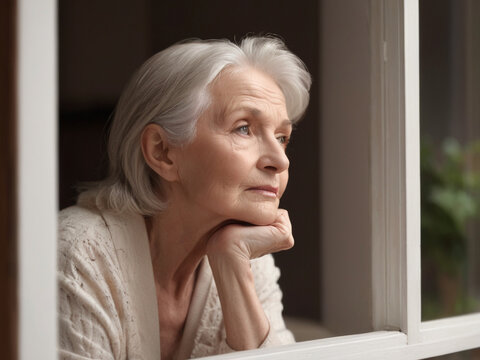 the elderly female model looks at the window, daydreaming with a thoughtful face 