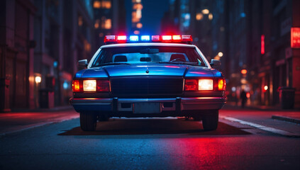 Blue and red light flasher atop of a police car. AI generated - obrazy, fototapety, plakaty