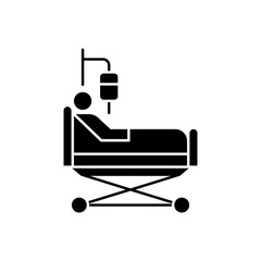 Man in a hospital bed icon. Simple solid style. Patient, person, sick man, ill, ward, lying, health, medical concept. Black silhouette, glyph symbol. Vector illustration isolated.
