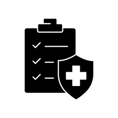 Fototapeta premium Hospital diagnostic document icon. Simple solid style. Clipboard with shield, health diagnosis, insurance, medical, healthcare concept. Black silhouette, glyph symbol. Vector illustration isolated.