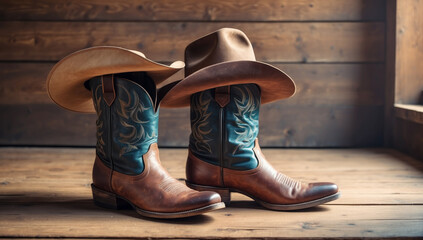 Wild West retro cowboy hat and pair of old leather boots. AI generated - obrazy, fototapety, plakaty