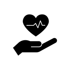 Prevent heart attack icon. Simple solid style. Heart health cardiology care, prevention, hand with heart pulse, safety concept. Black silhouette, glyph symbol. Vector illustration isolated.